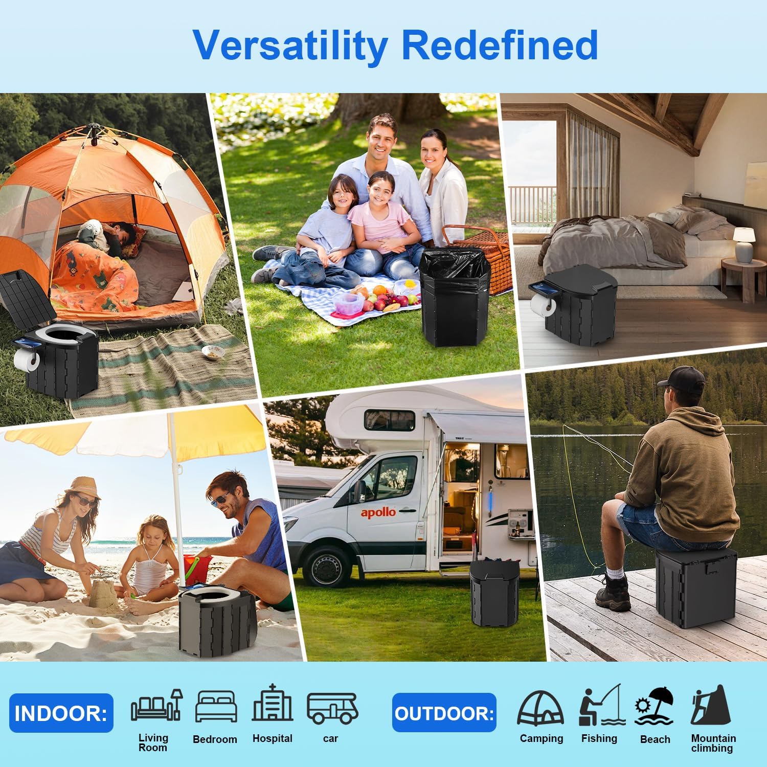 Portable Toilet for Adults, Foldable Camping Toilet Travel Floding Potty with Lid & Paper Holder, Upgrade Water