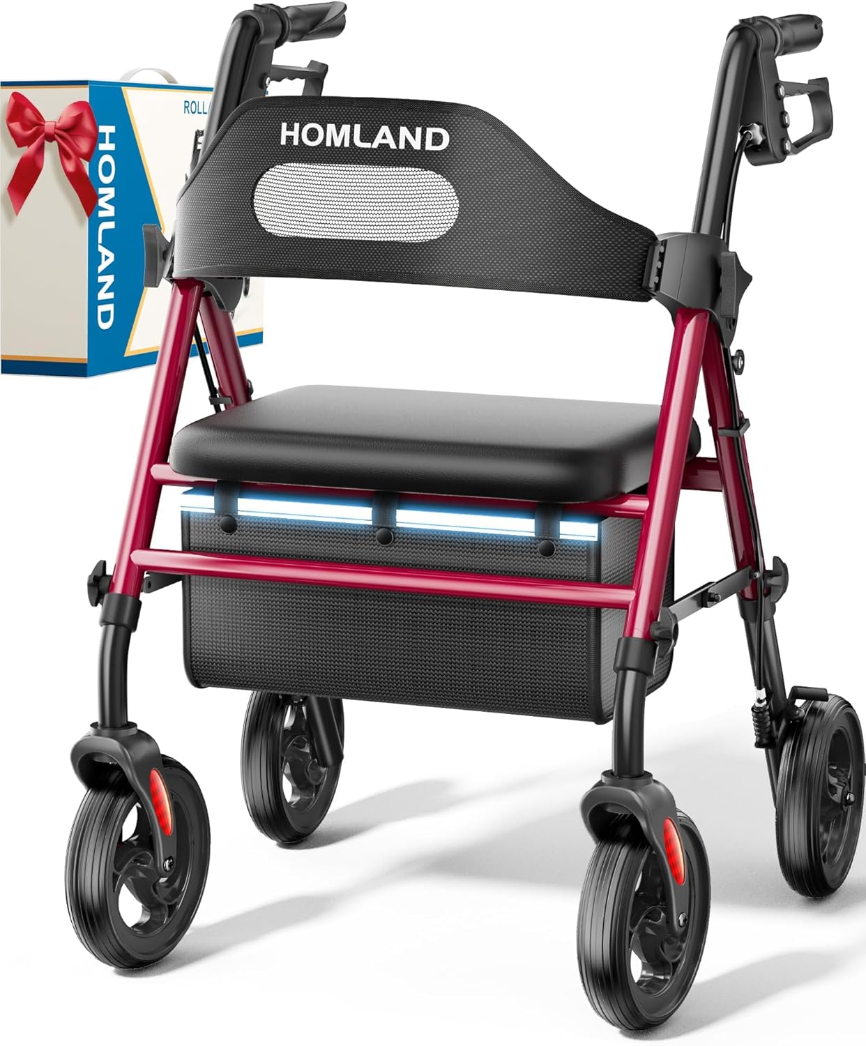 Foldable Rollator Walkers with Seat for Seniors, 8'' Big Wheels, 350 lb. Weight Capacity, Adjustable Handles and Seat