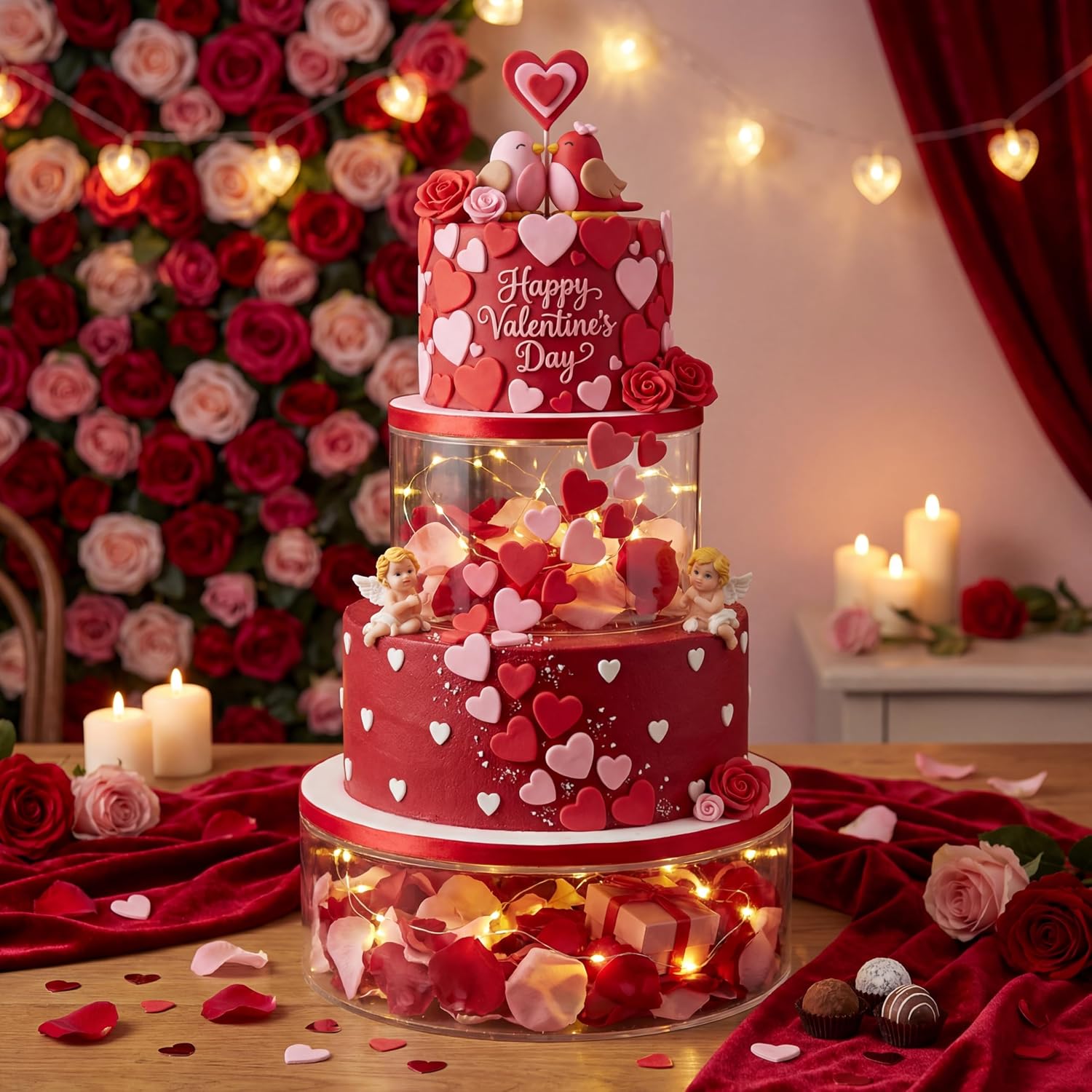 3 Pcs Acrylic Cake Stand with LED Lights 8'', 10'', 12'' Clear Fillable Cake Riser Round 3 Tier Case Box for Wedding