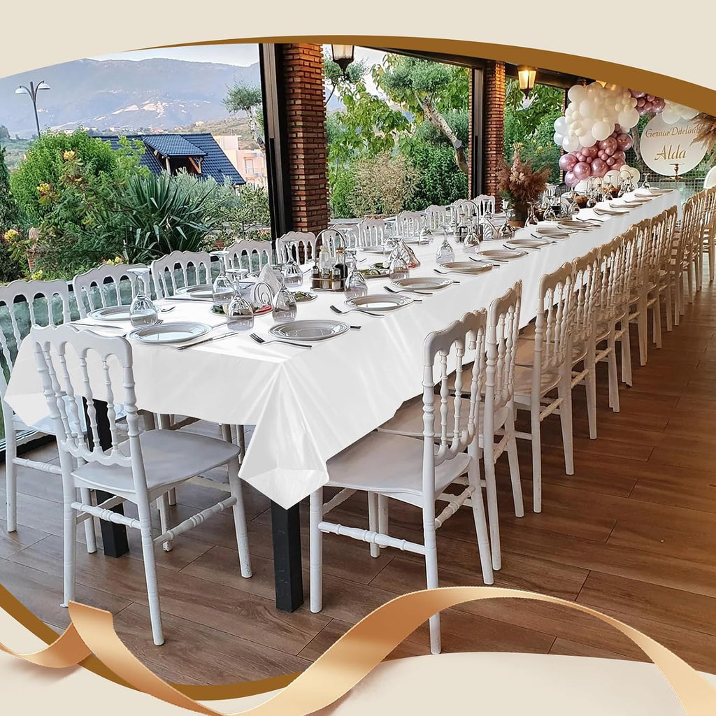 54 Inch X 300 Feet Plastic Table Cloths with Cutter Box, White Disposable Table Cover Roll, Plastic Tablecloth for