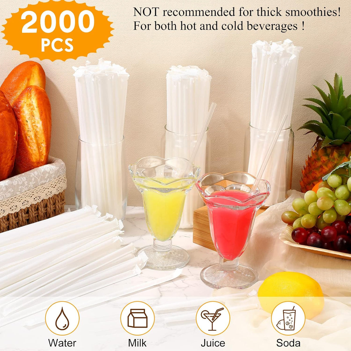 2000 Pcs Plastic Straws Disposable Individually Straws 8"x0.24"