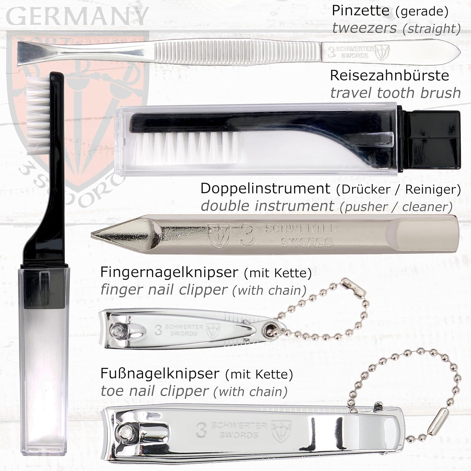 3 Swords Germany - brand quality 10 piece manicure pedicure grooming kit set for professional finger & toe nail care