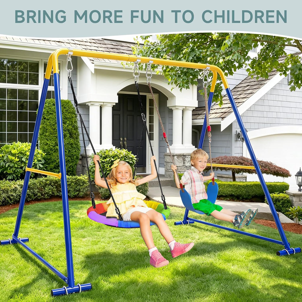 2-in-1 Swing Set for Backyard for Kids, with 1 Saucer Swing, 1 Belt Swing, 440lbs Metal Swing Set for Toddler