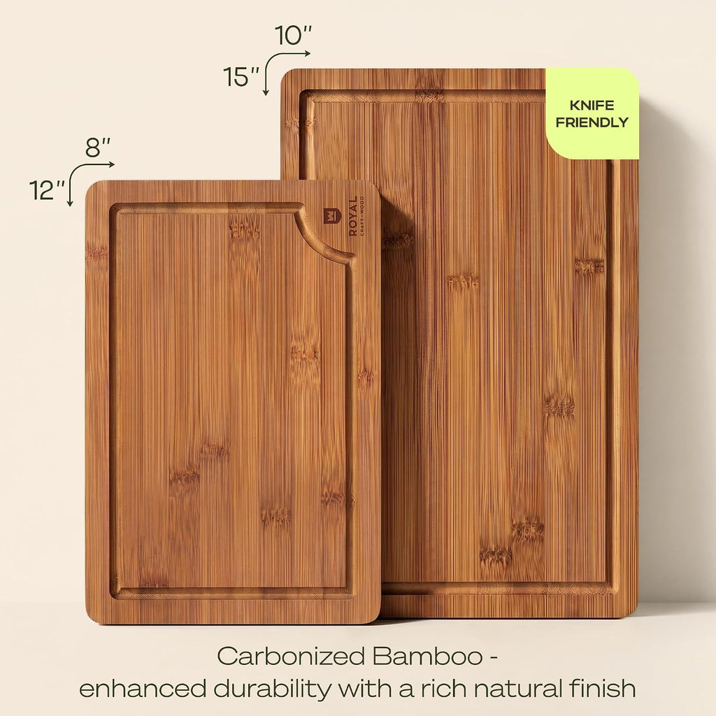 Wooden Cutting Boards for Kitchen Meal Prep & Serving - Bamboo Non Toxic Cutting Board Set with Deep Juice Groove