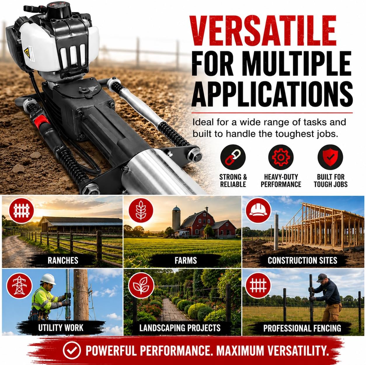 38cc Gas Powered Fence Post Driver, 4-Stroke T-Post Driver, Heavy Duty Gasoline Pile Driver for T-Posts, Ground Rods