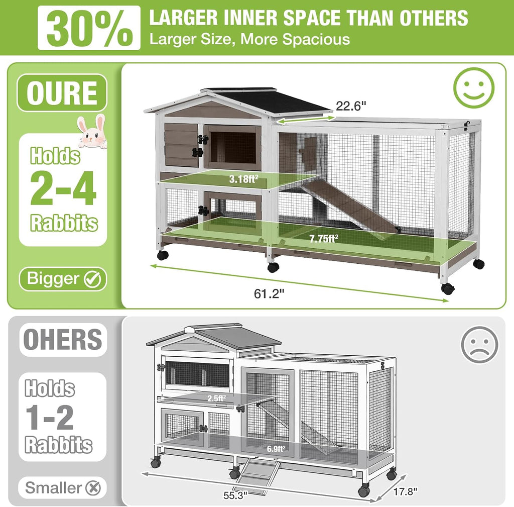 Rabbit Hutch with Chew-Resistant Ramp Indoor Bunny Cage Outdoor Guinea Pig Cage with Wheels and Leakproof Tray