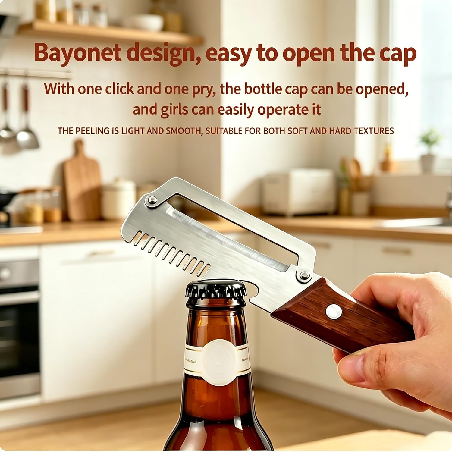 Multi-Functional Vegetable Peeler, 3 in 1 Multi Functional Wooden Handle Peeler and Bottle Opener,Kitchen Gadgets
