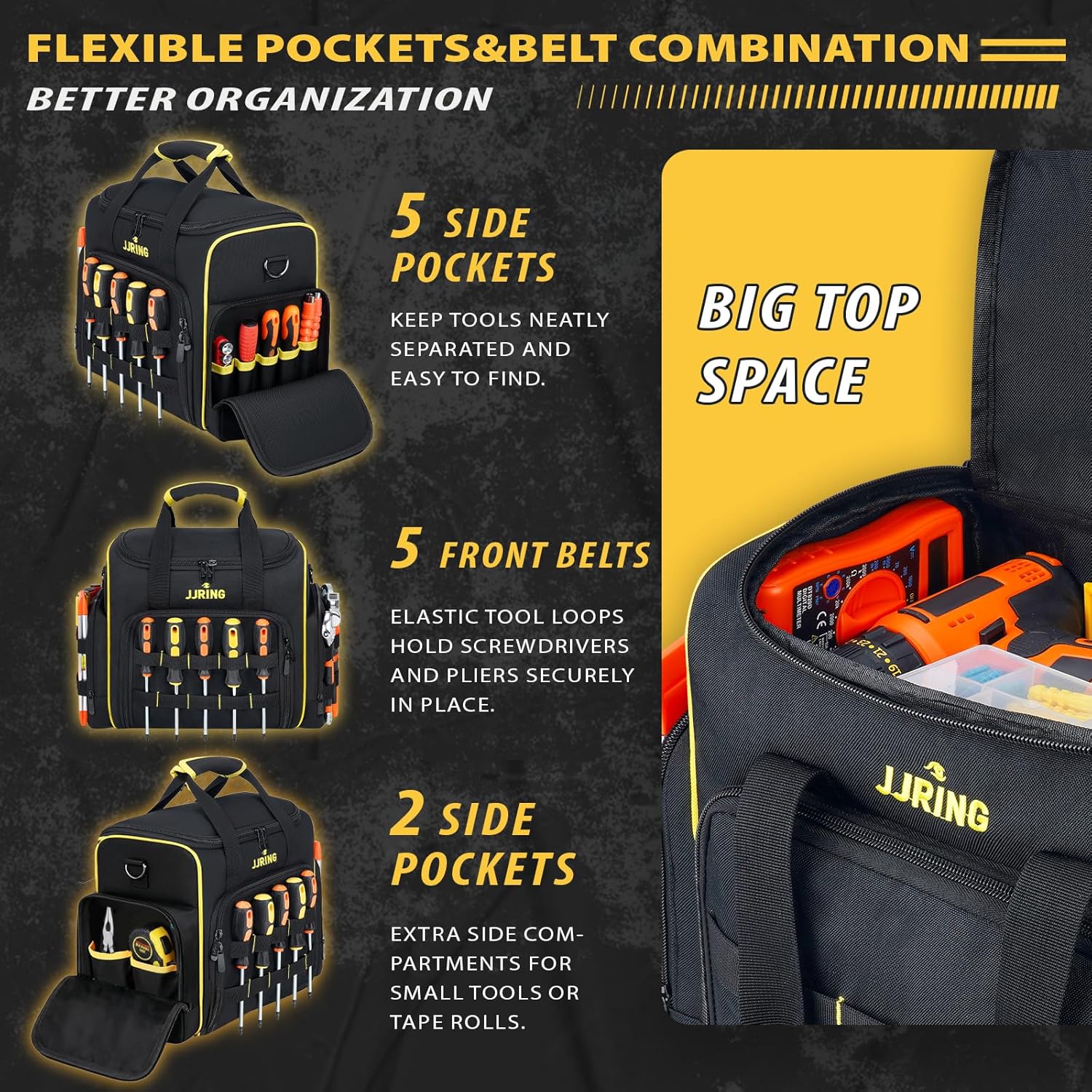 2.0 Gen Tool Bag With 3 Removable Cases, Double Layers&Large Capacity Tool Tote, Multi-Pocket Organizer For Tools and