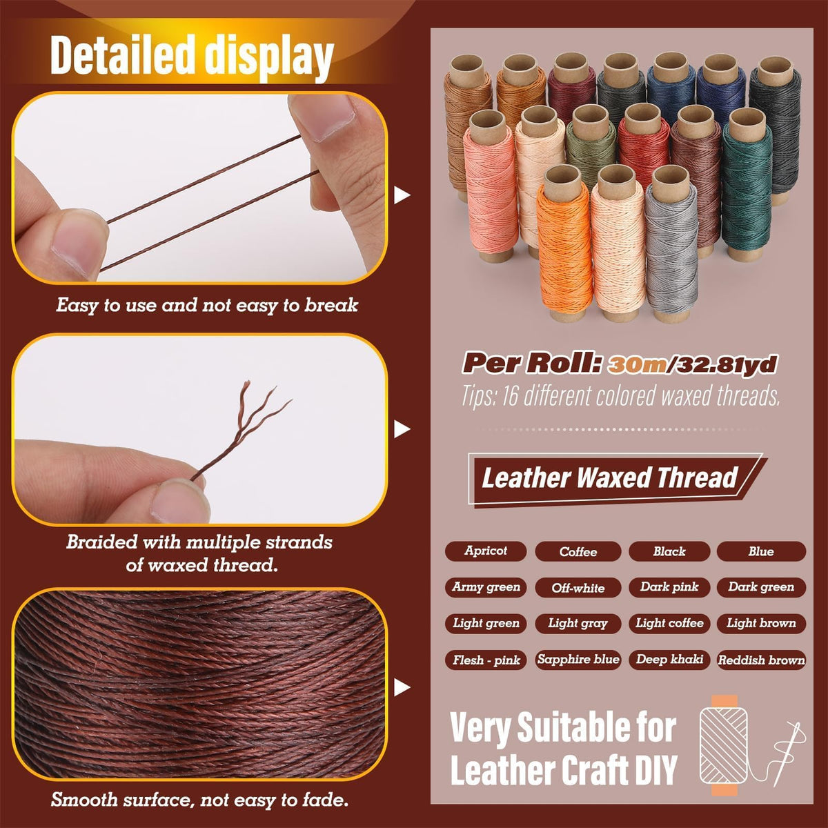 Waxed Thread 0.8mm Leather Thread for Stitching, Round Waxed Thread