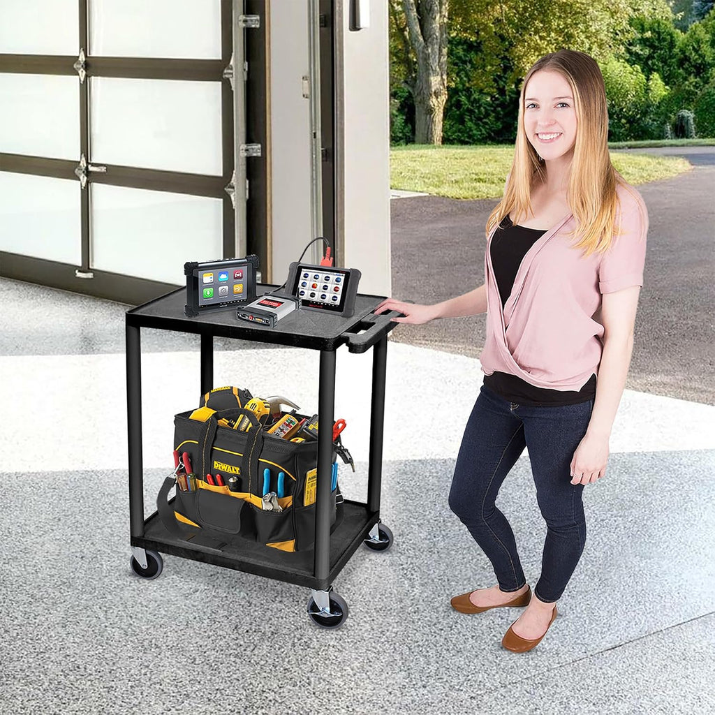 HE32-B Utility Cart - Two Shelves Structural Foam Plastic, Multipurpose Utility Cart, Four Heavy-Duty 4" Casters, Two