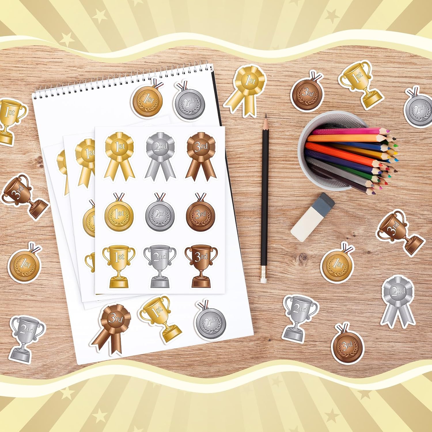 108 Pcs Assorted Award Ribbon Stickers Self Adhesive Gold Silver Bronze Medals Classic Trophy Rosette 1st 2nd 3rd