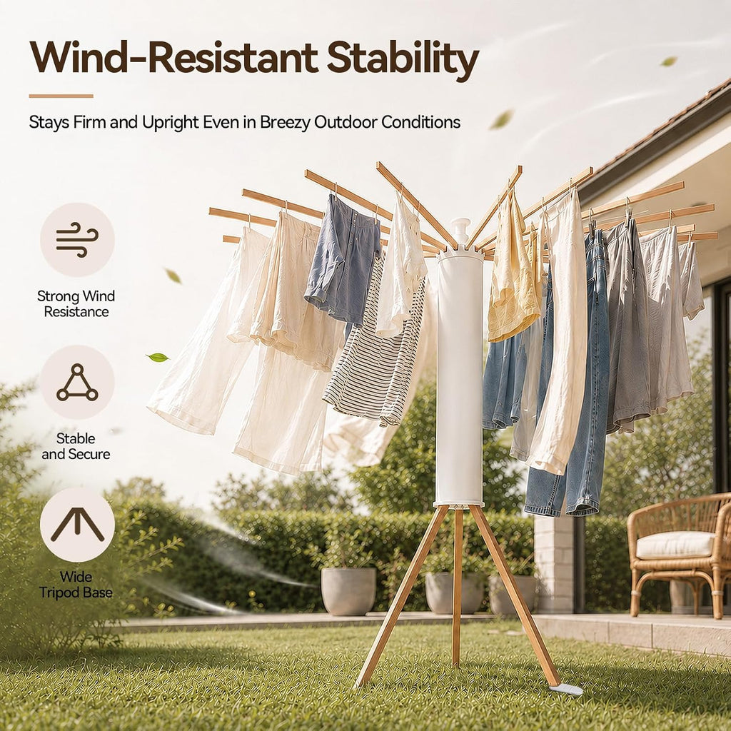 2026 Tripod Clothes Drying Rack, Clothing Stand, Foldable Rotary Laundry Drying Racks with 16 Wooden Arm, Indoor &