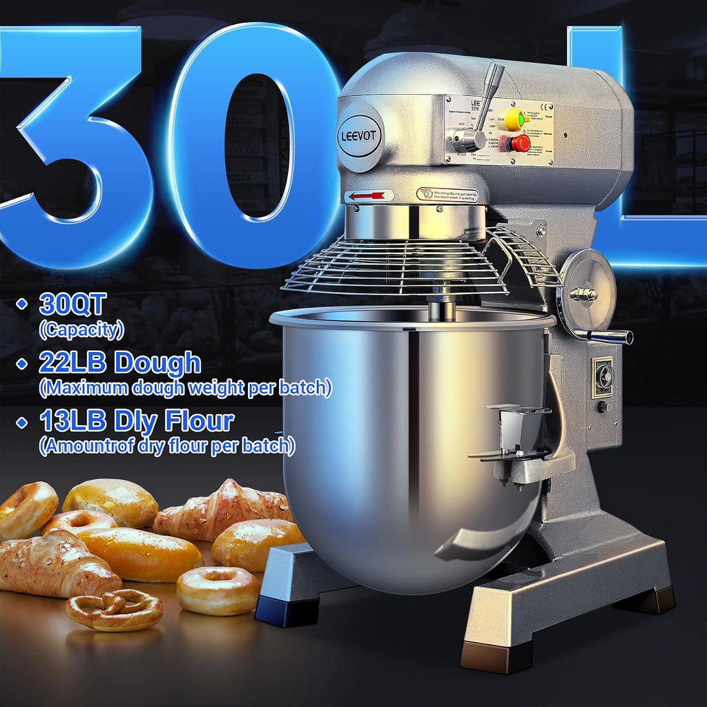 Commercial Food Mixer 30Qt, 3-Speed with Timer, 1250W