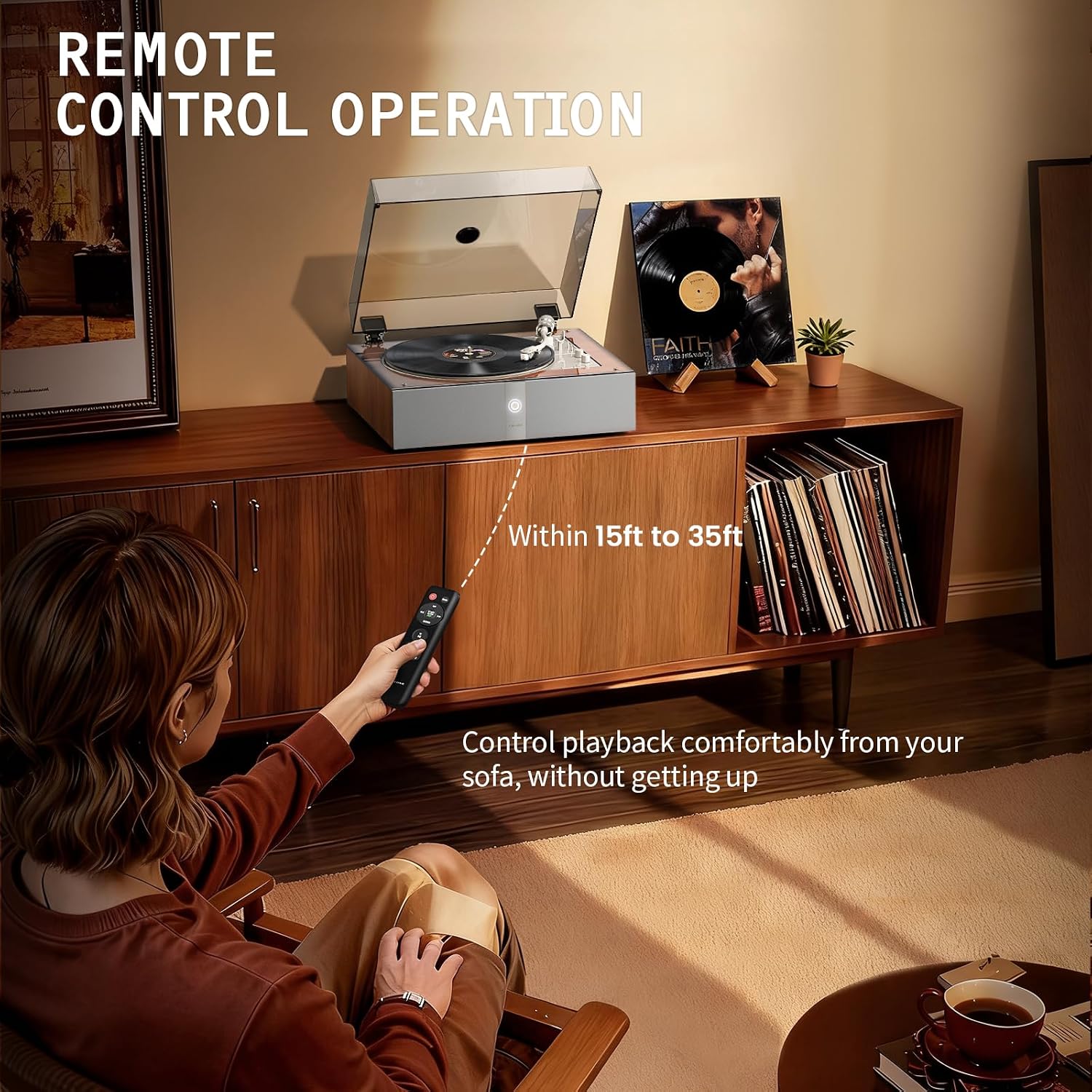1 BY ONE Fully Automatic Record Player, All-in-One Vinyl Turntable | Automatic Repeat Function, Remote Control, Built