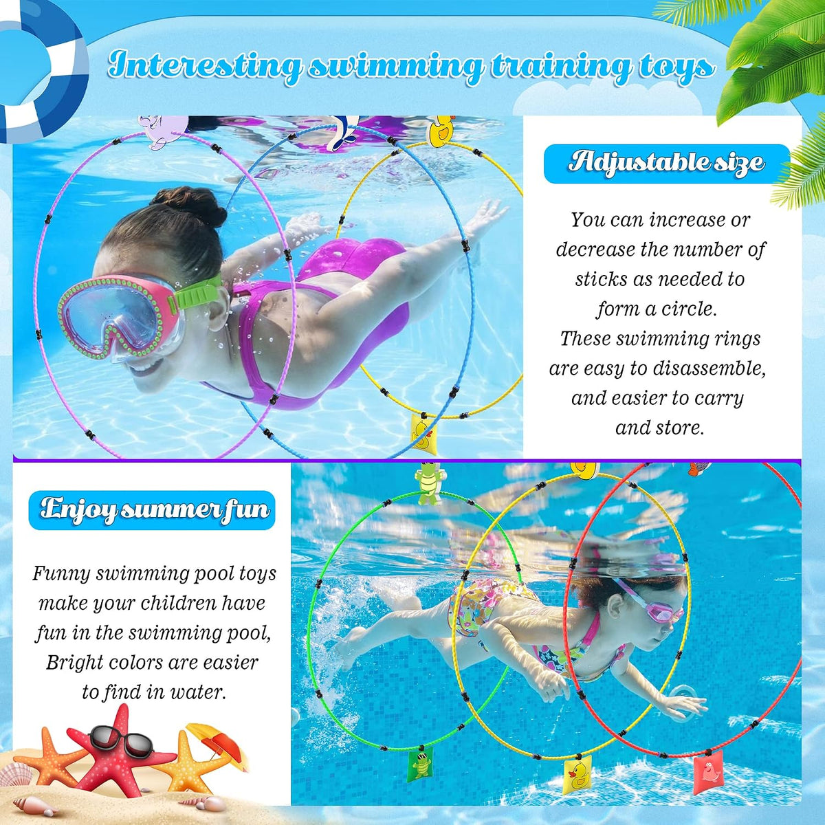 Diving Toys 15 PCS Pool Toys for Kids Age 4-8 8-12 Water Swim Thru Rings with Buoys and Sandbags Underwater Training