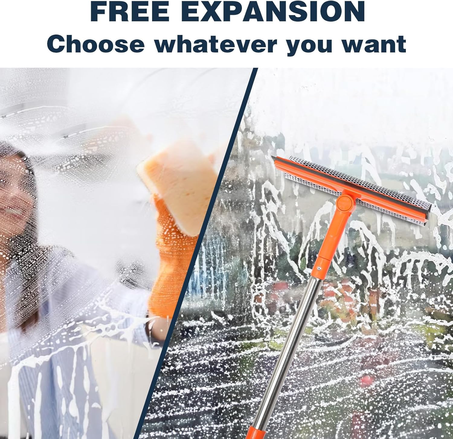 Professional Window Squeegee,2 in 1 Squeegee Window Cleaner with Long Stainless Steel Handle,Sponge Car Window