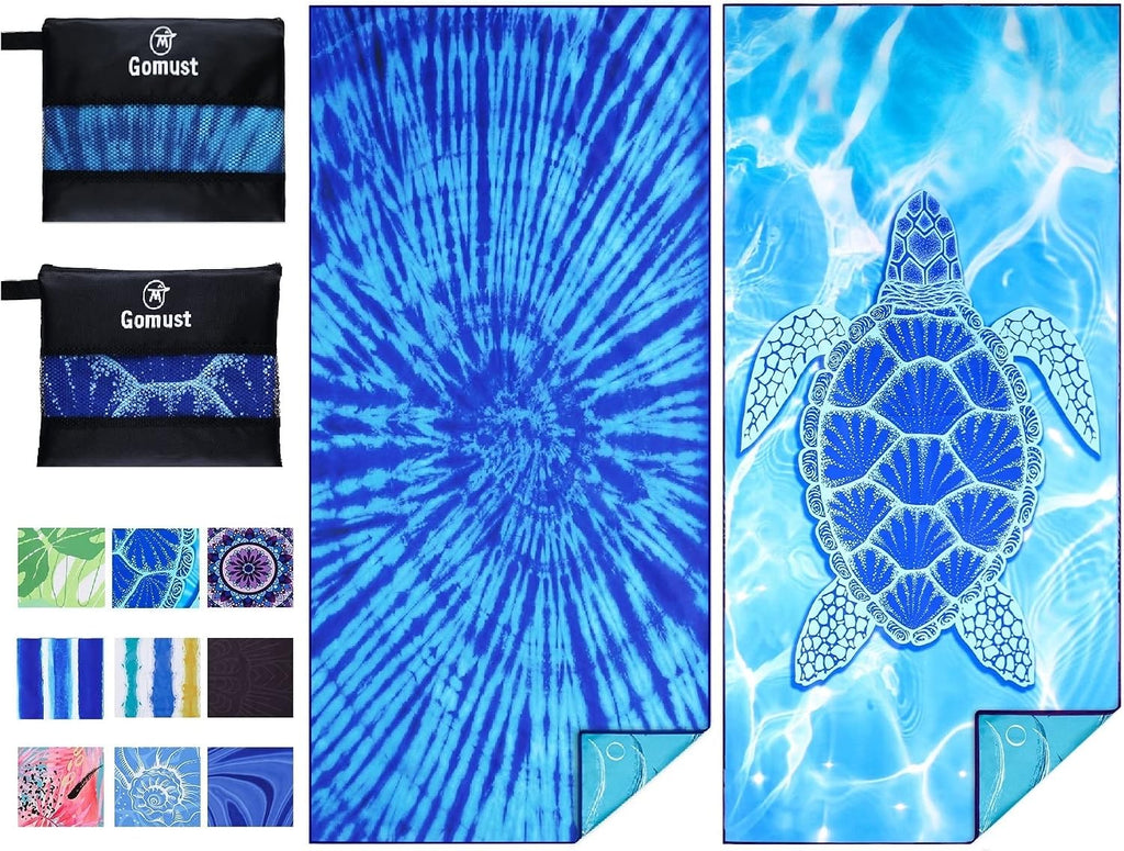 Microfiber Beach Towel Oversized 71x32, Thin, Blue with Bag 2 Pack | Lightweight Sand Free Absorbent Quick Dry
