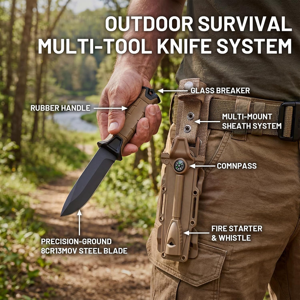 Fixed Blade Tactical Survival Knife, Full Tang 8Cr13MoV with Sheath, Fire Starter & Compass, Non-Slip Handle, for
