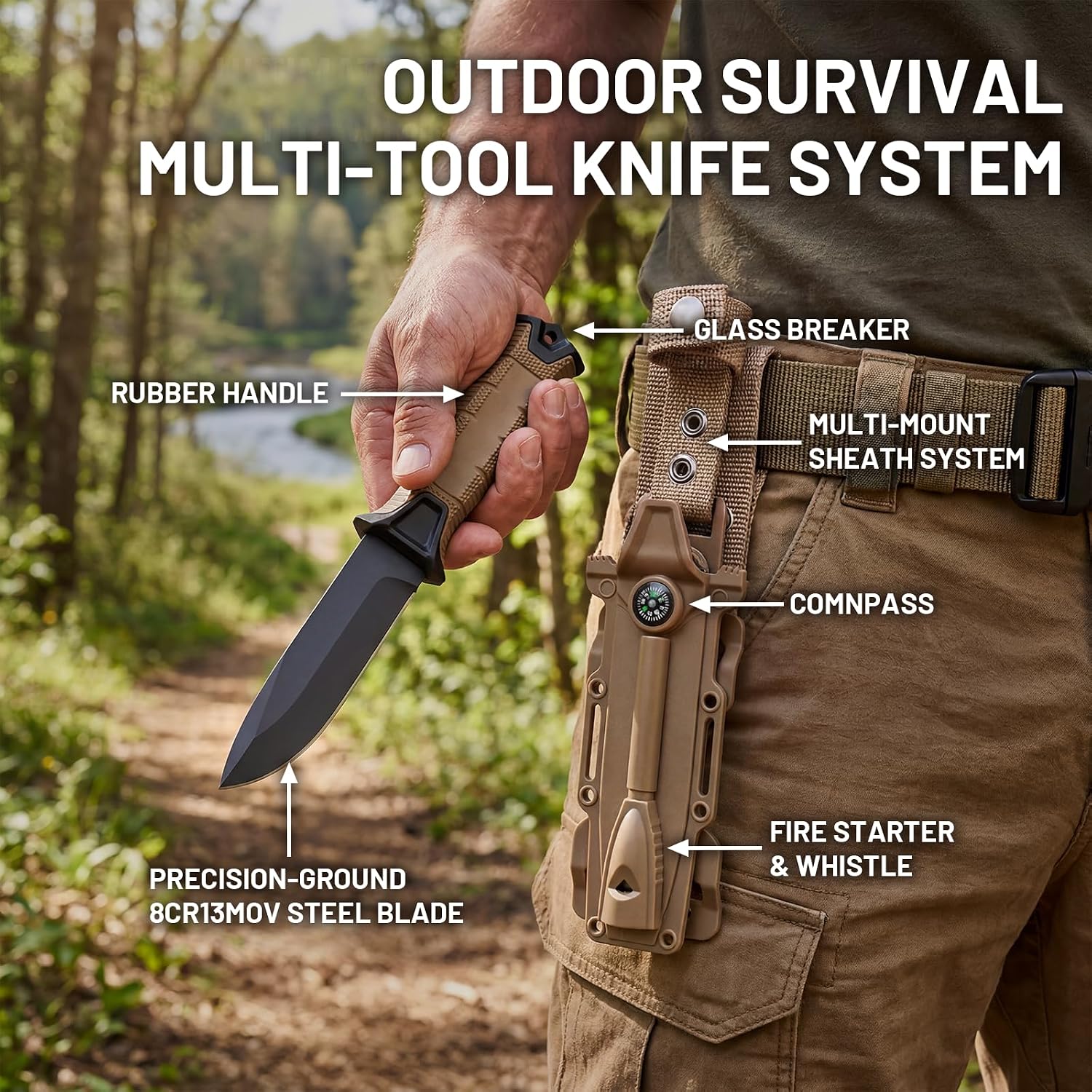 Fixed Blade Tactical Survival Knife, Full Tang 8Cr13MoV with Sheath, Fire Starter & Compass, Non-Slip Handle, for