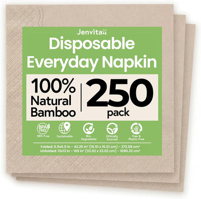 100% Bamboo Table Napkins, 250 Pack, 6.5 x 6.5 Inch