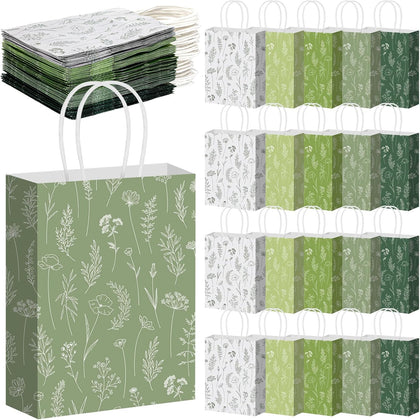 50 Pcs Sage Green Wildflower Gift Bags with Handles Paper Floral Goodie Welcome Bag for Wedding Guest Baby Shower