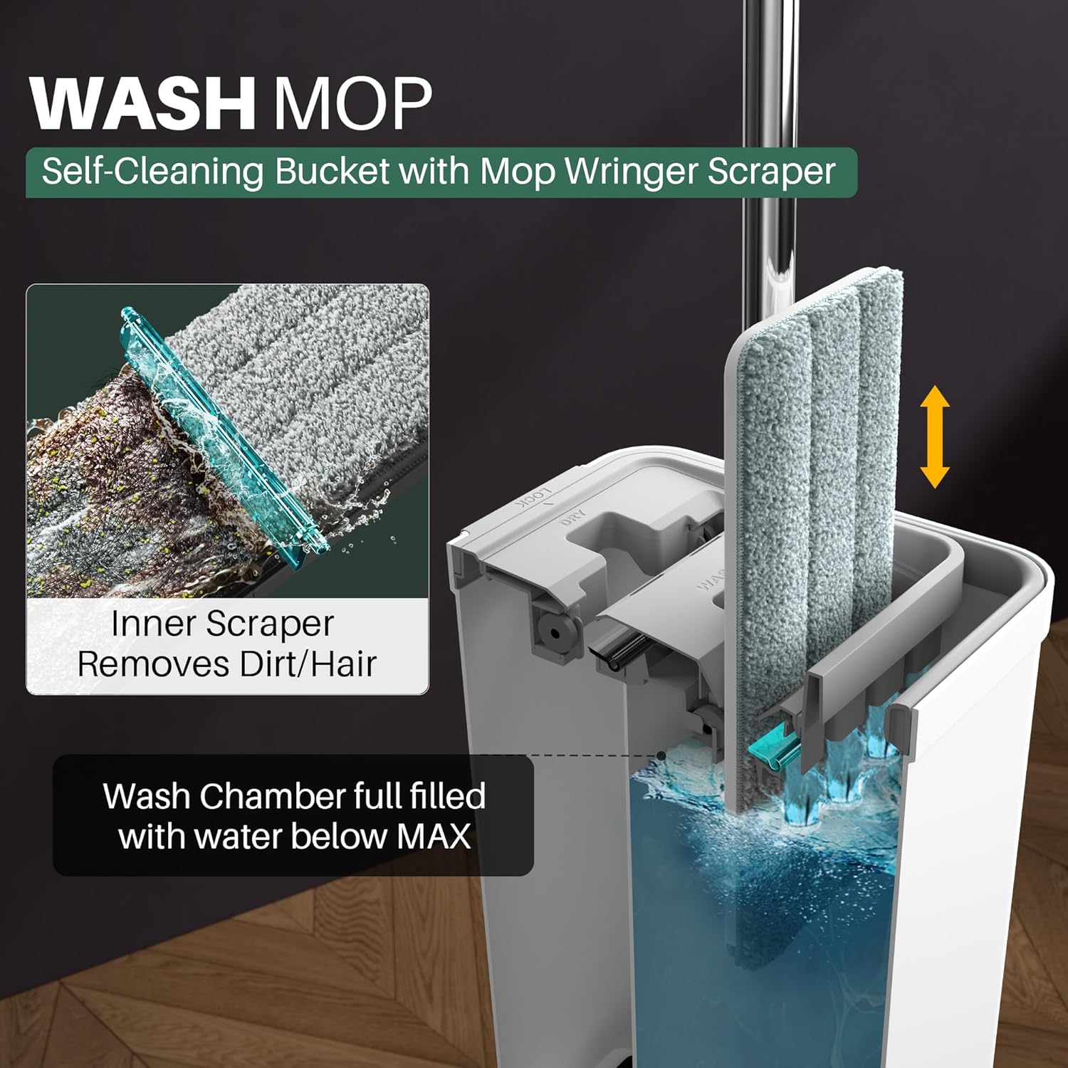 Flat Mop System, Microfiber Mop and Bucket Set, White, Commercial & Household Use, Hardwood Floor & Wall Cleaning Mop