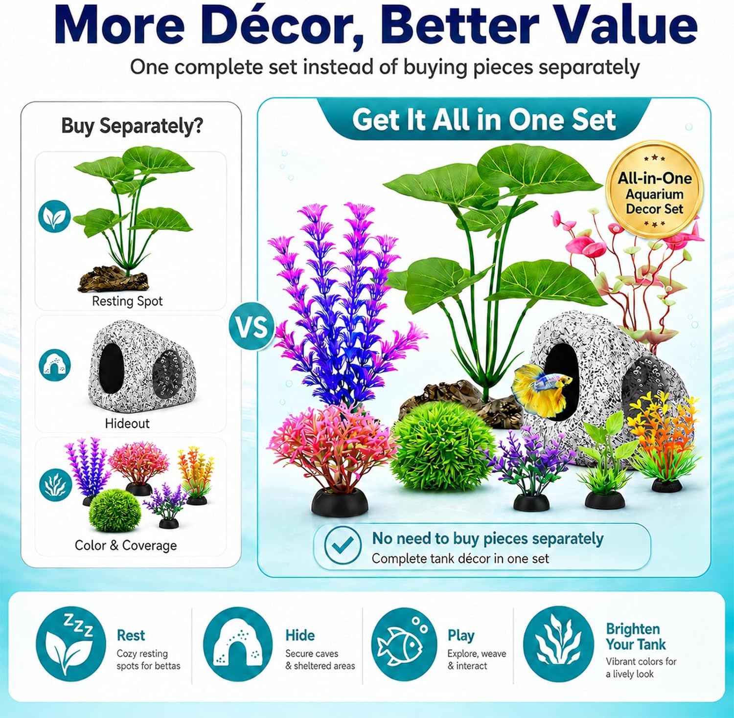 9 Fish Tank Decorations Set Aquarium Decor, Rock Cave Hideout, Artificial Aquarium Plants Plastic Betta Leaf Hammock