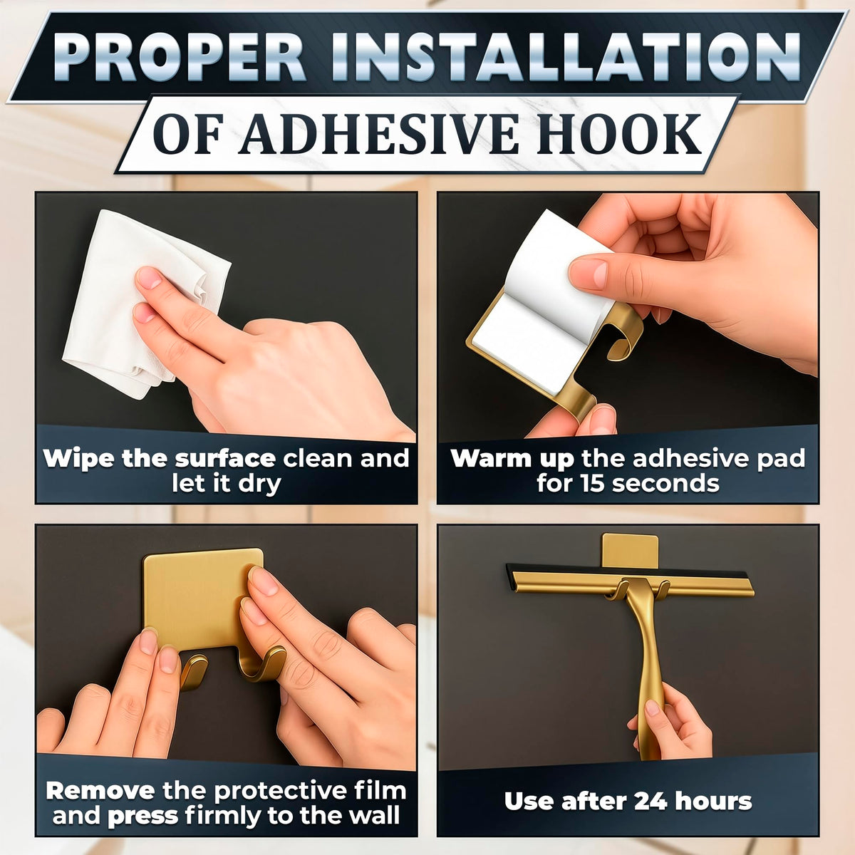 10" Shower Squeegee for Glass Doors & Windows with 2 Hooks, Gold
