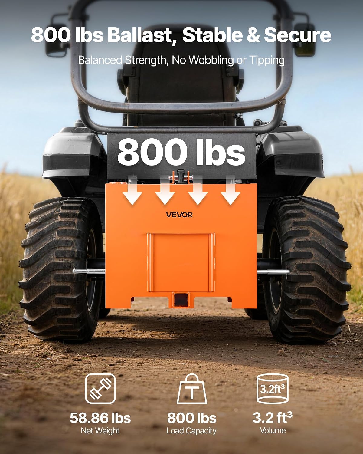 Ballast Box, 3-Point Category 1 Tractor Ballast of 800 lbs Capacity, Standard 2 Inch Hitch Receiver, Heavy-Duty Steel