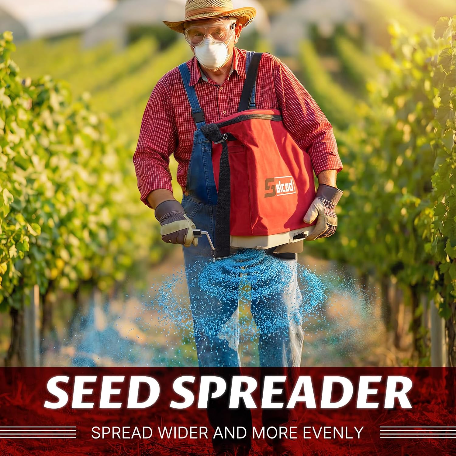 25 lb Bag Seed Spreader, Handheld Broadcast Fertilizer Spreader, Red | Waterproof Bag, Enclosed Gears, Rear Baffle