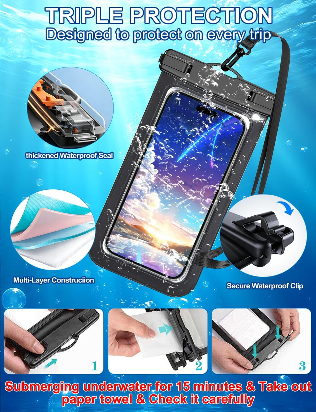 5 Pack Multicolor Waterproof Phone Pouch, Cell Phone Case Dry Bag,Protection Level: IP68,Beach Cruise for