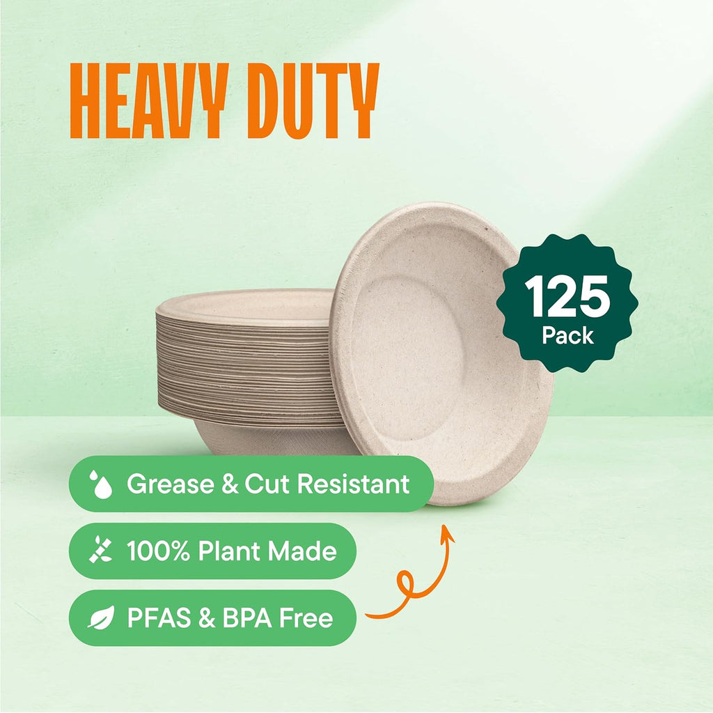 100% Compostable Paper Bowls - 12 oz [125-Pack] Heavy Duty Soup Bowls