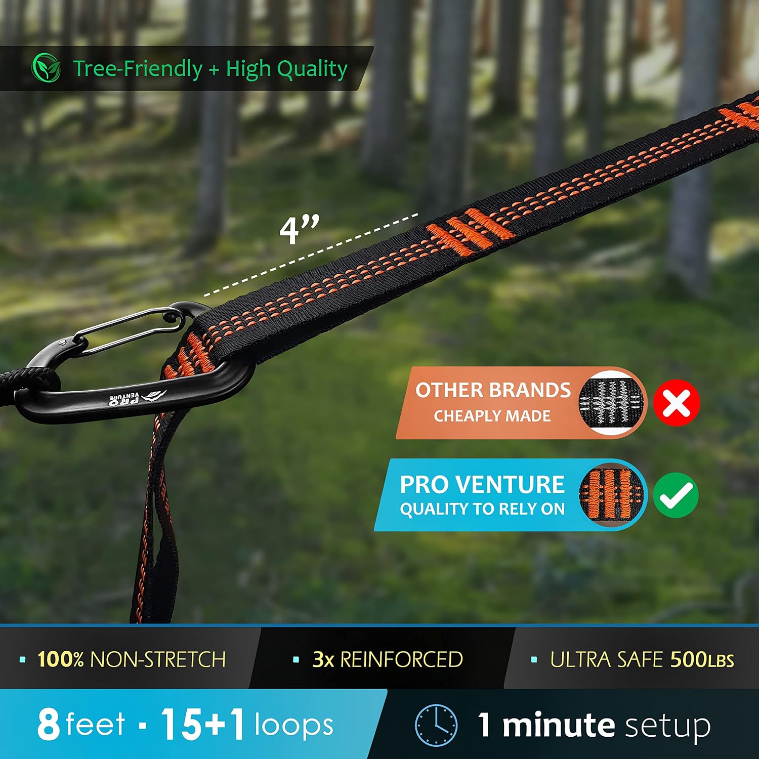 Hammock Straps and 2 Carabiners, 30+2 Loops, 1200lbs Breaking Strength (500lbs Rated) | 100% Non-Stretch