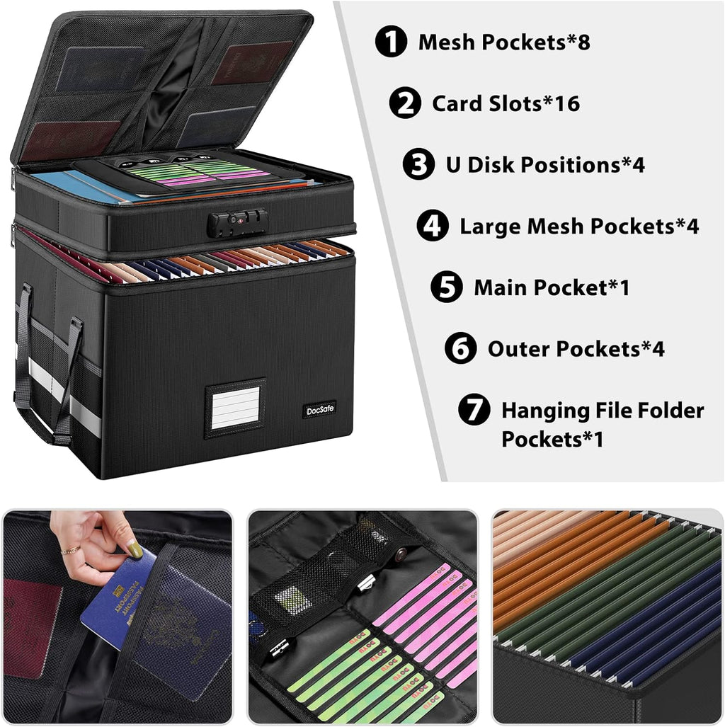 File Box with Lock,Multi-Layer Fireproof Document Box Collapsible File Storage Organizer with Pockets/Handle,Large