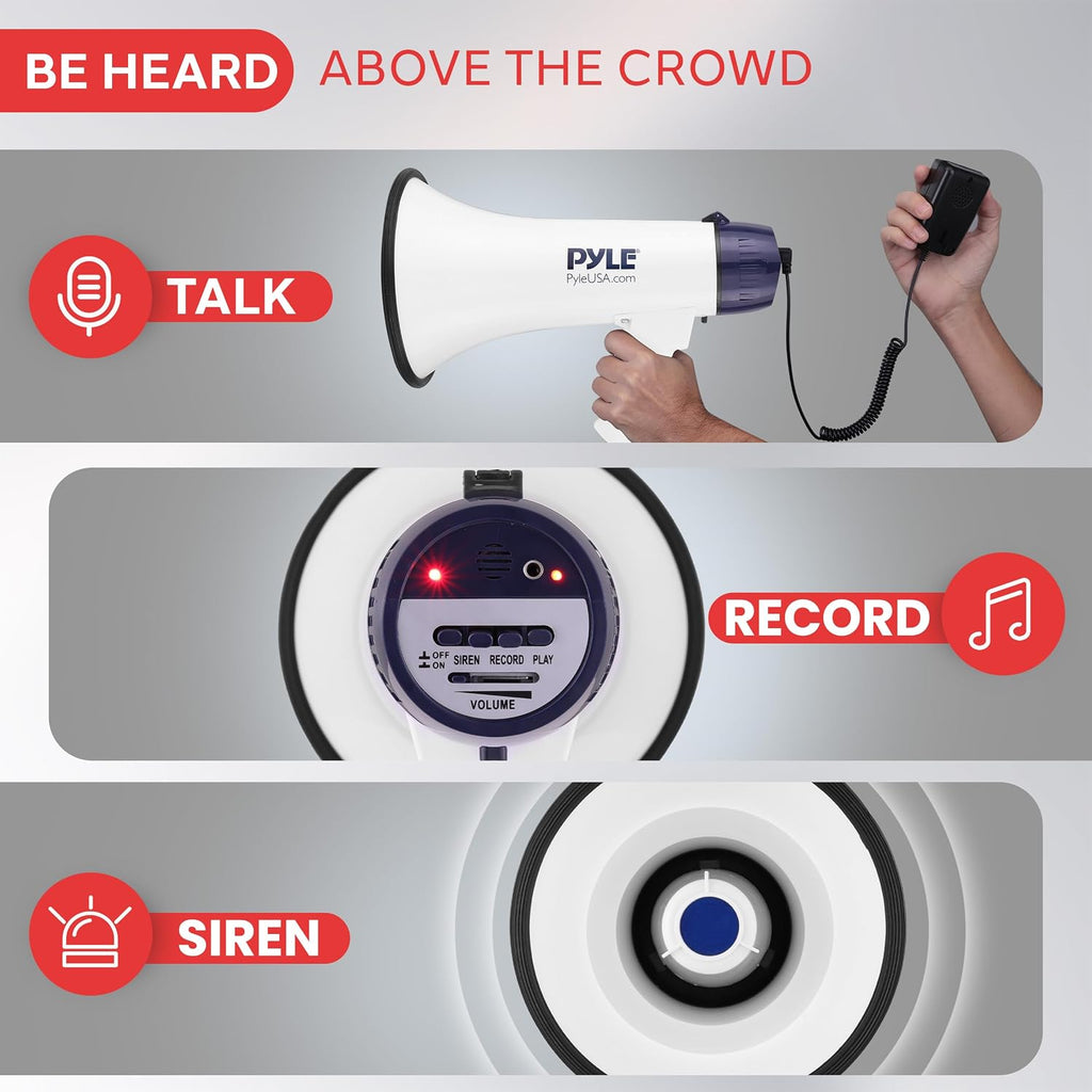 40W Bullhorn Megaphone Speaker, 1,000-Yard Range with Rechargeable Built-in Battery, 10-Second Memory Record