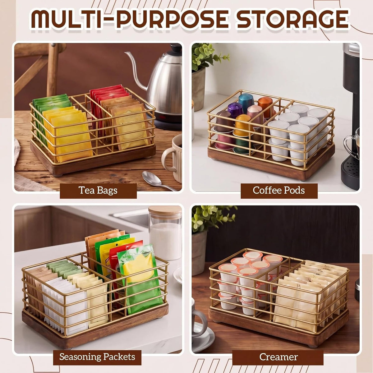 Sugar Packet Holder for Coffee Bar, 3 Slot, Wood Wire, Rustic Gold