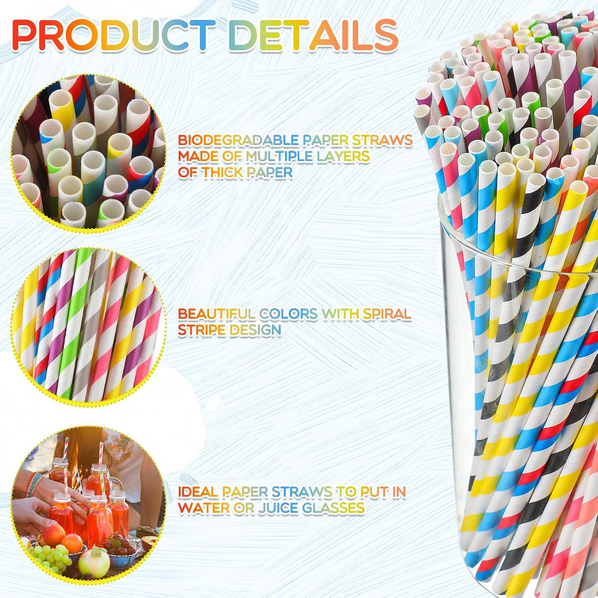 1200 Pcs Paper Straws Bulk, disposable Striped 7.87, Multicolor