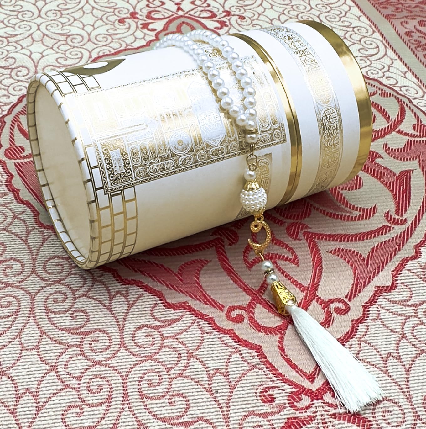 Muslim Prayer Rug Islam and Beads, Kaabe Design Box Eid Ramadan Gifts Islamic Set Carnal Salah Mat Taffeta Fabric