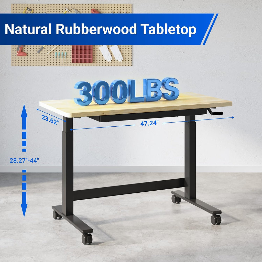 47.2" x 23.6" Adjustable Height Workbench, Hand Crank | Rubberwood Top, Heavy-Duty Steel Frame, Drawers And 360°