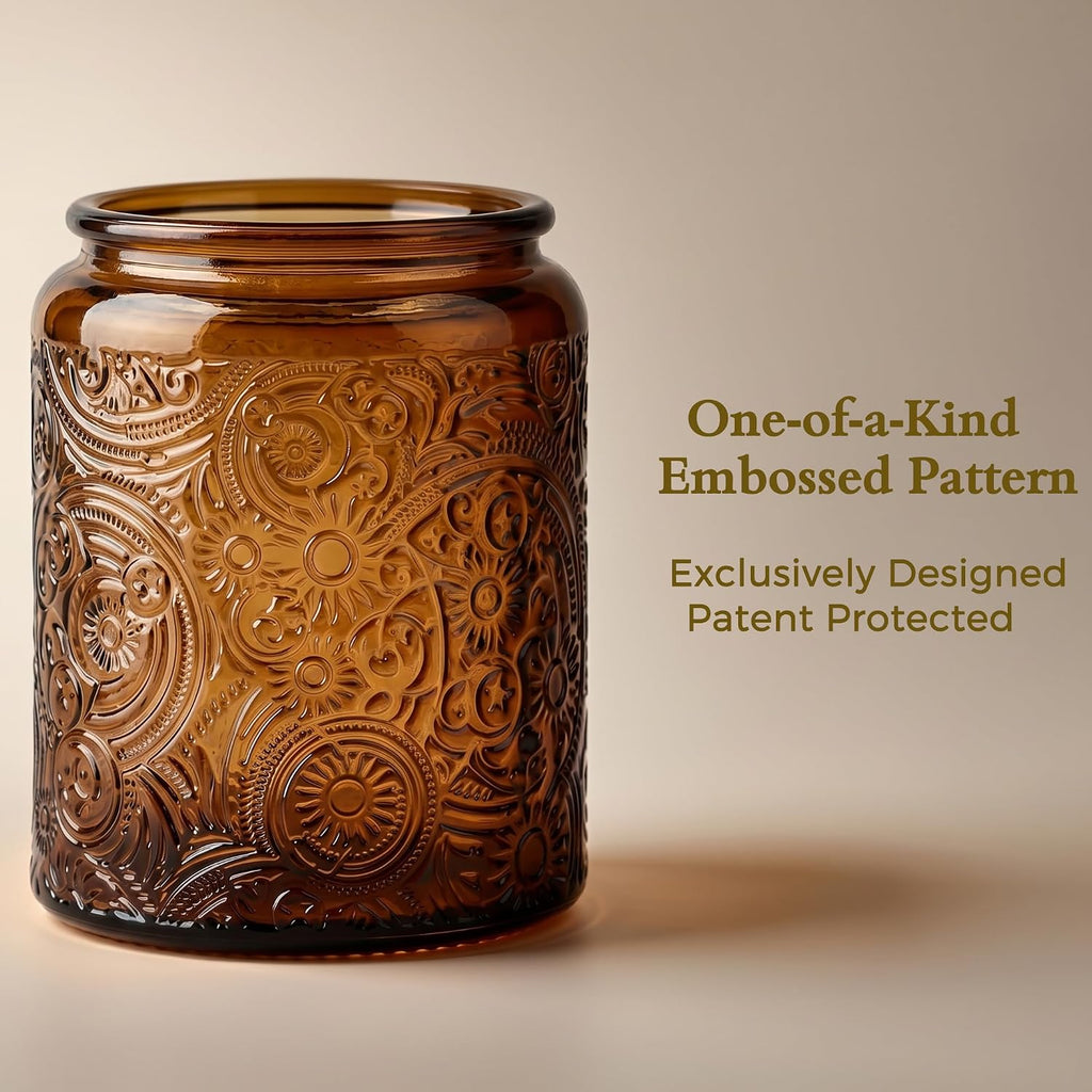 8 oz Mocha Sun Moon Stars Candle Jars with Bamboo Lids, 9 Pack | Patented Embossed Design, Includes Wick Centering