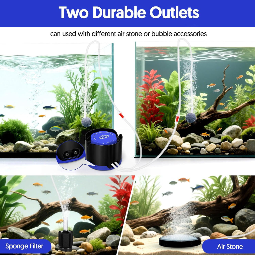 Aquarium Air Pump, Quiet Fish Tank Air Pump with Dual Outlets, Powerful Adjustable Oxygen Pump with Accessories
