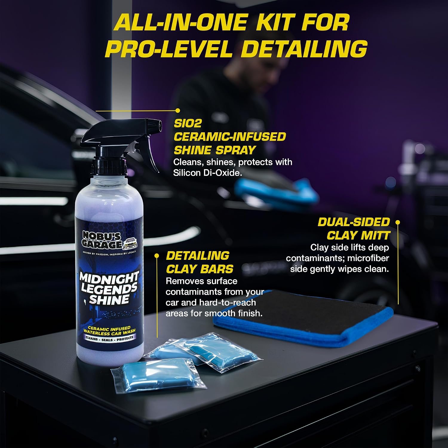 Clay Mitt & Clay Bars Auto Detailing Kit with Waterless Car Wash Ceramic Detail Spray - Car Detail Spray & Lubricant