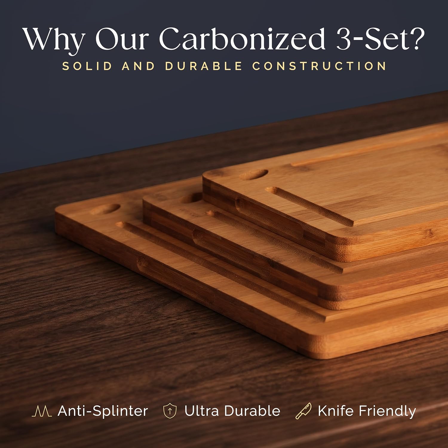 Pre-Oiled, Non Toxic 3-Piece Carbonized Bamboo Cutting Board Set, Eco-Friendly Wooden Chopping Boards for Kitchen