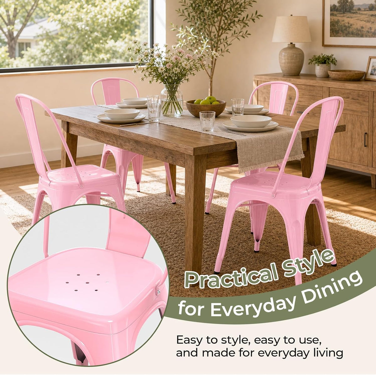 Metal Dining Chairs Set of 2, Pink