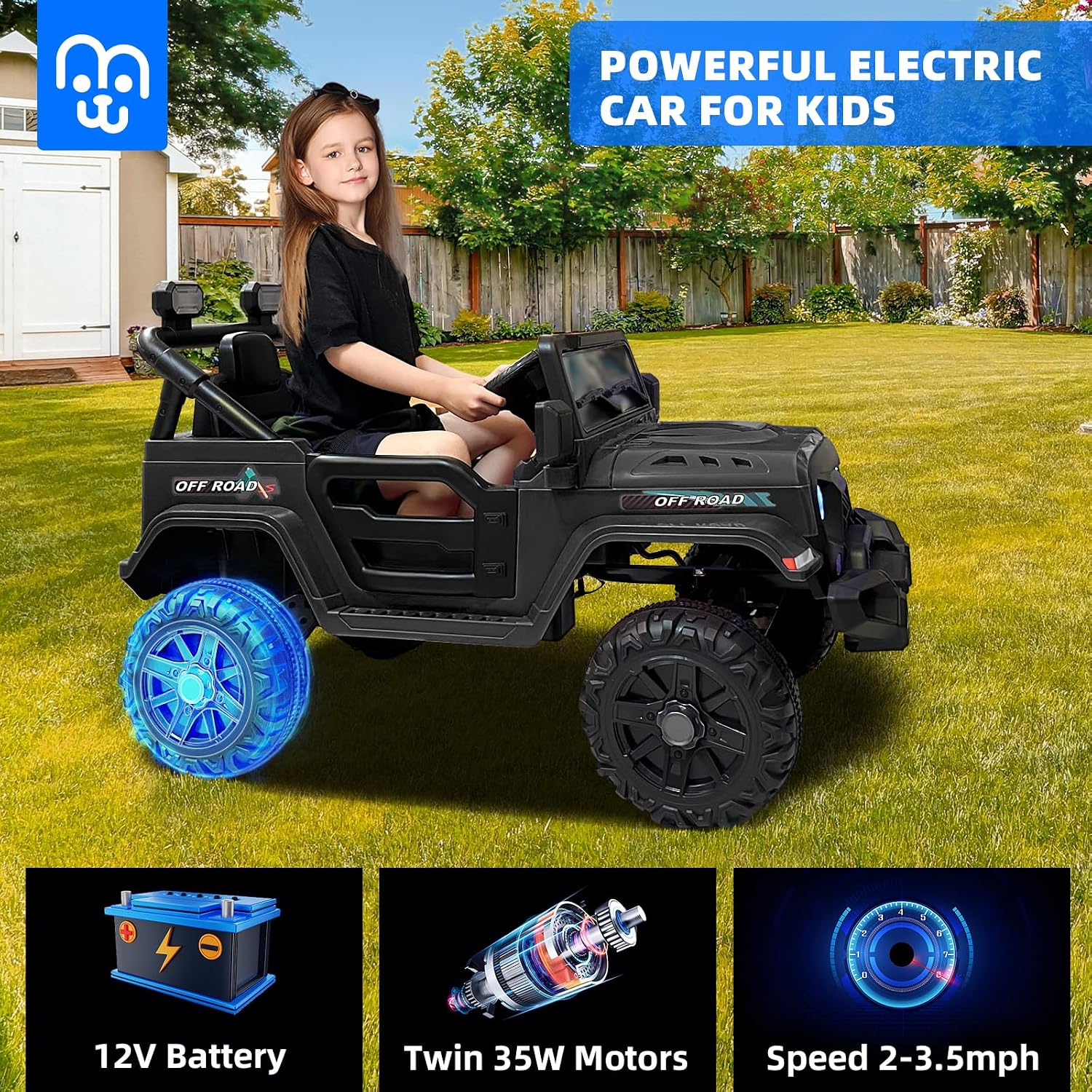 12V Kids Electric Ride on Truck Car Remote Control, Twin 35W Motors 3.5MPH Max Speed, Bluetooth Music Player, 4
