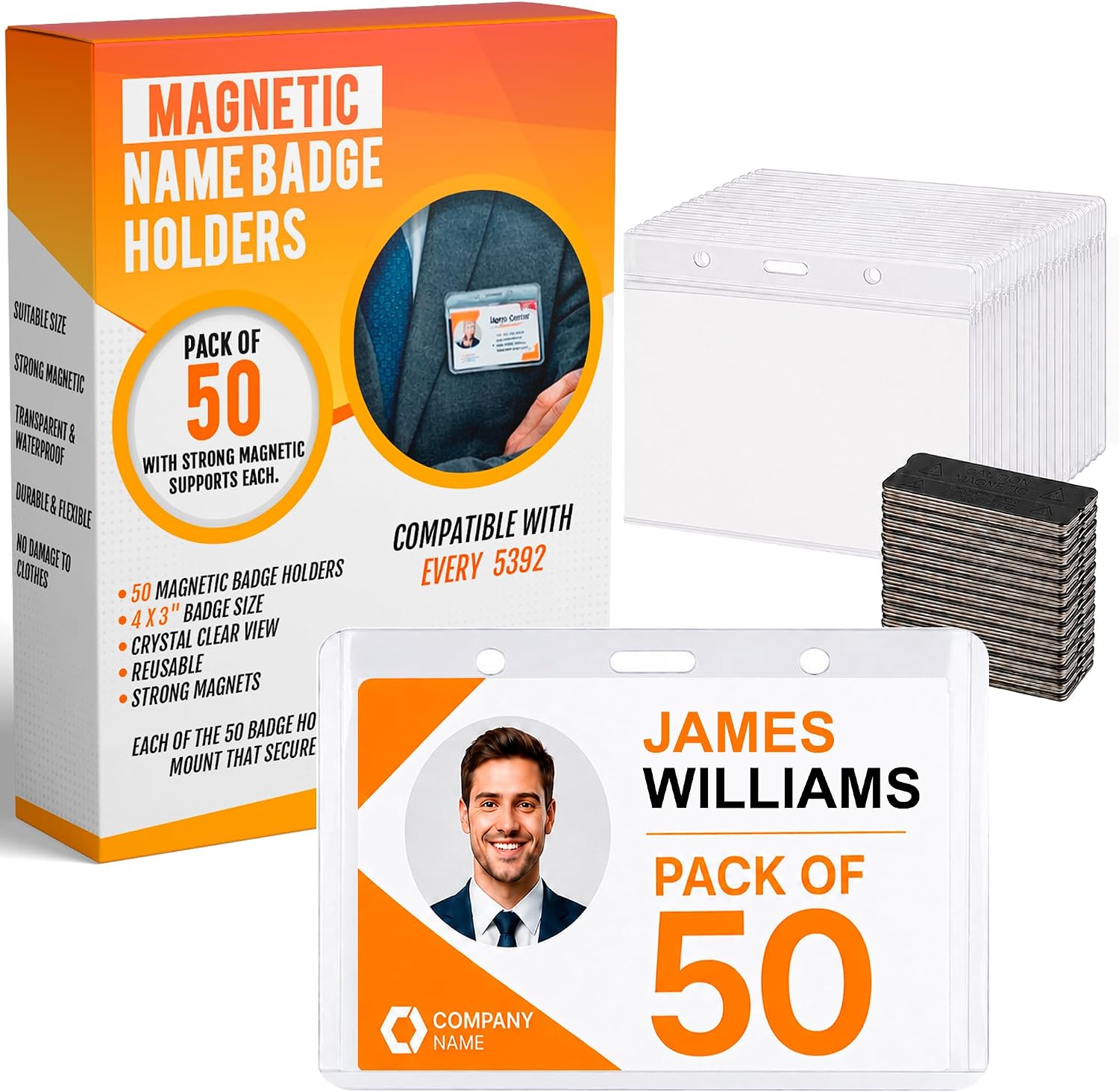 4"x3" Magnetic Name Badge Holders 50 Pack – Horizontal ID Card Holders with Strong Magnets, No Pin, Reusable PVC Name