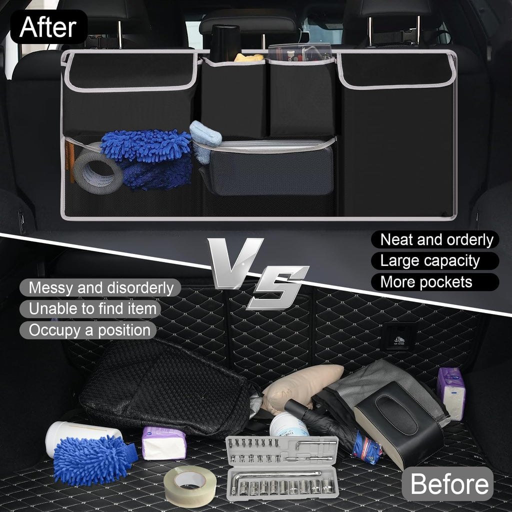 Trunk Hanging Organizer, Backseat Bag, Car Interior Accessories with 4 Pockets & 2 Mesh Pouches for Groceries, Will