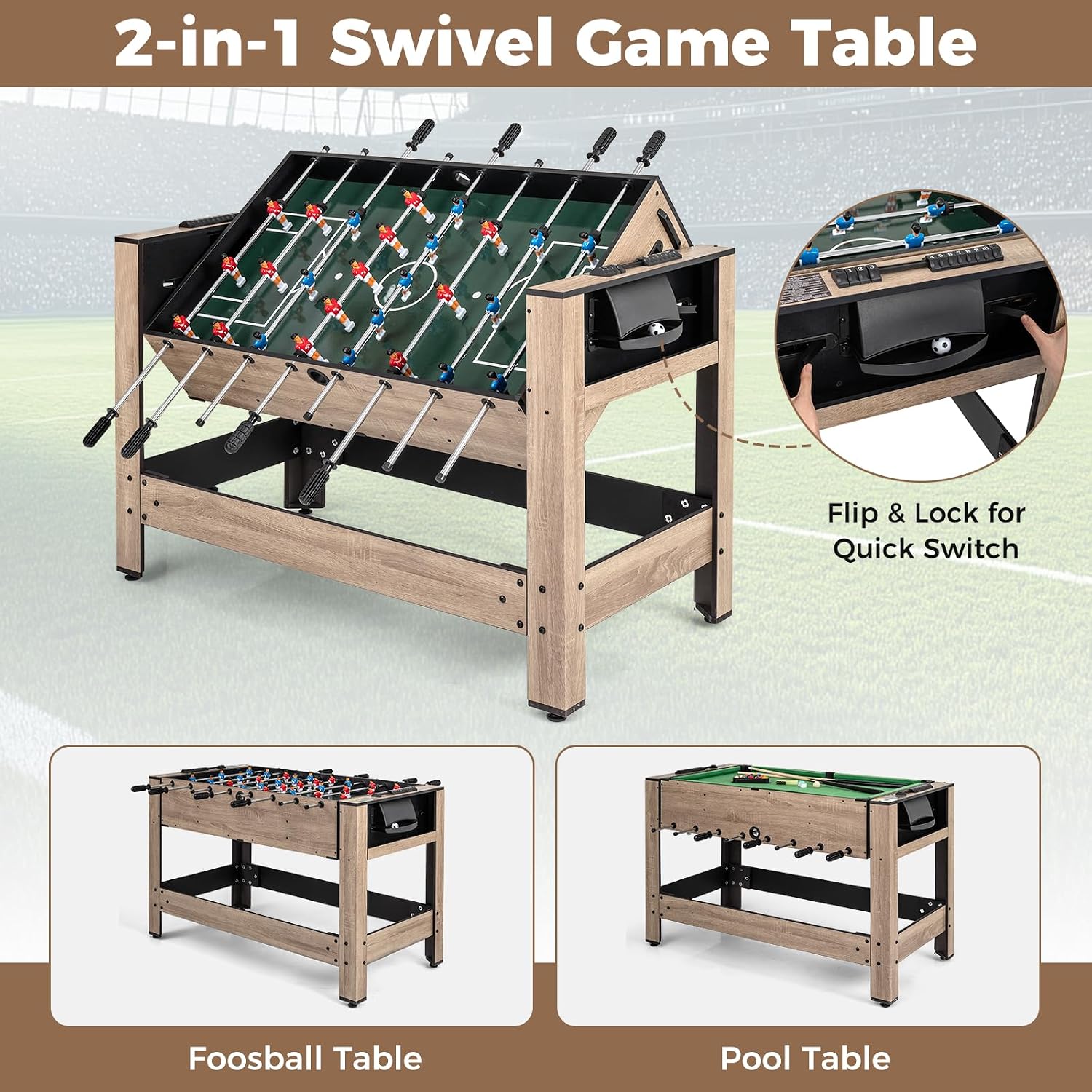 2-in-1 Swivel Multi Game Table, 48” Combo Game Table with Foosball & Pool for Adults, Indoor Outdoor Combination