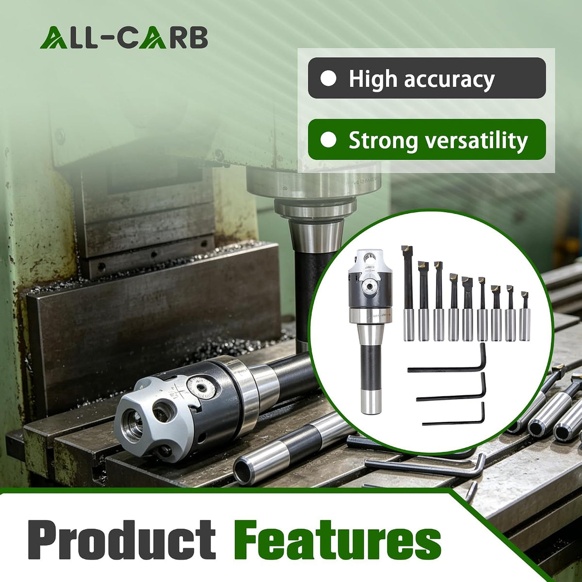 ALL-CARB 2" Boring Head R8 Shank 9 Pcs Boring Bars, 1/2" Carbide Boring Bar