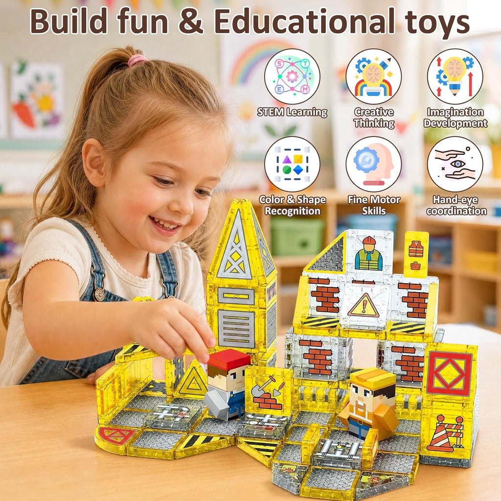 100PCS Magnetic Tiles-Engineering Theme, Mini Magnet Building Tiles, STEM Educational 3D Blocks with 2 Figures